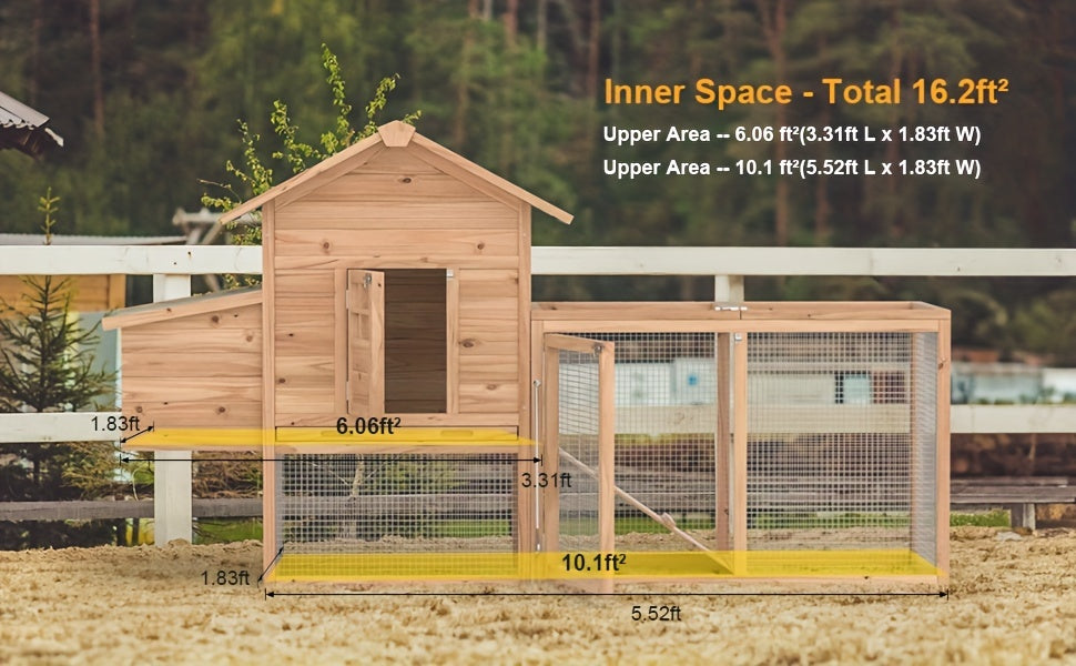 Wooden Chicken Coop with Run and Nesting Box, 80.7 Inch Fir Wood Outdoor Hen House with Ramp, Removable Cleaning Tray and Green Asphalt Roof