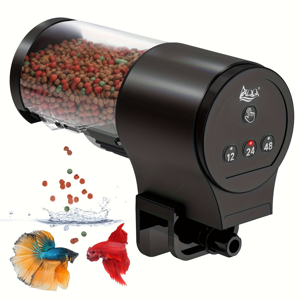 Timed Aquarium Fish Feeder 110 mL, Automatic Food Dispenser with 12H 24H 48H Intervals, Manual Feeding Button and Tank Clamp, Battery Powered in Black