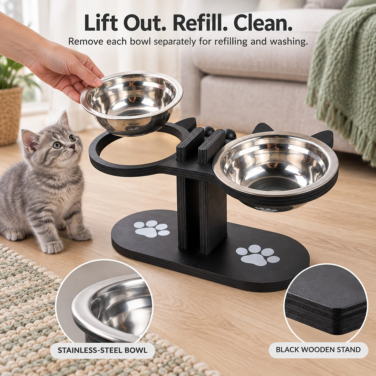 Double Cat Bowl Stand with Two Stainless Steel Dishes, 15 Degree Tilted Adjustable Black Wooden Feeder for Cat and Small Dog Food and Water