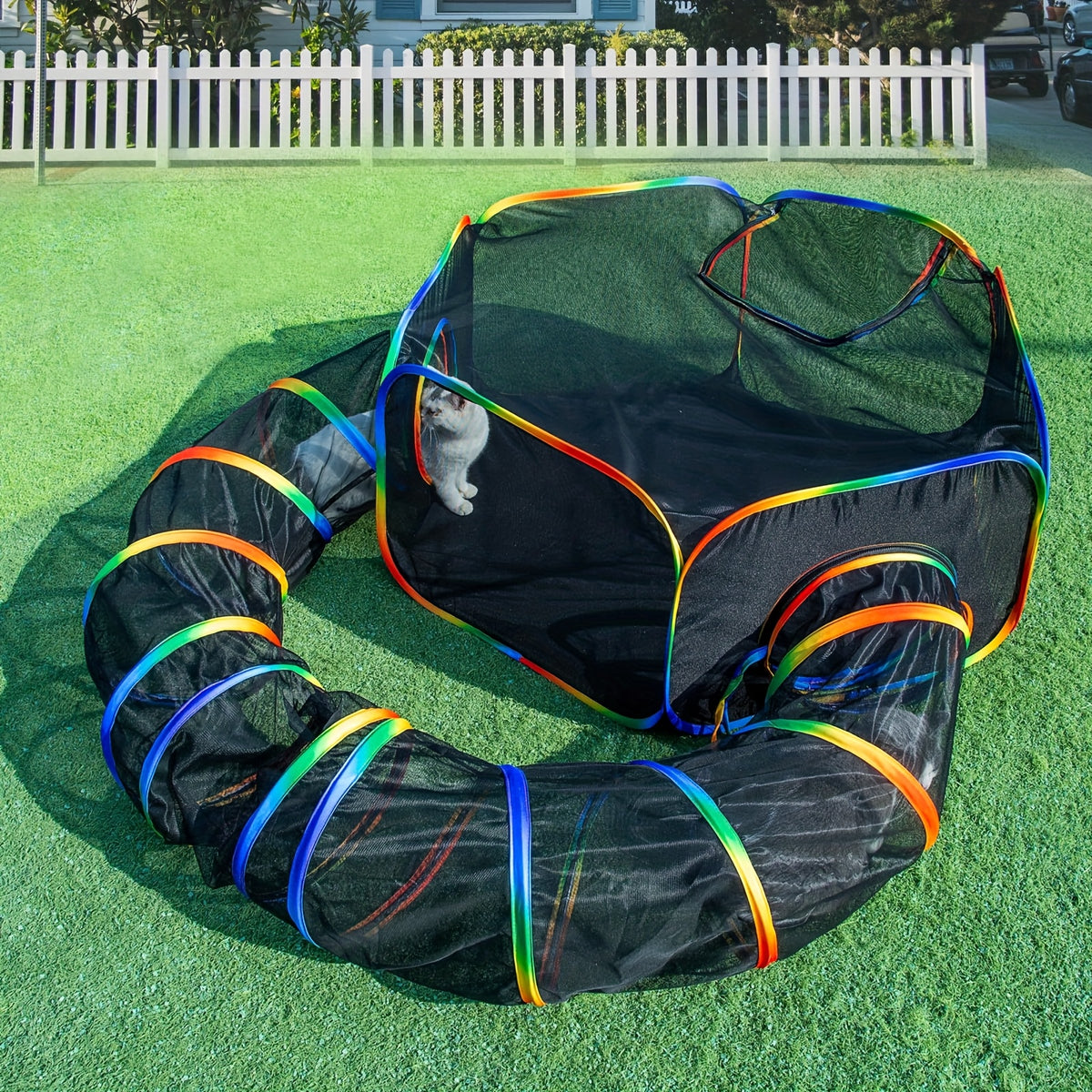 Cat Tent and Tunnel Set, Rainbow Portable Outdoor Cat Playpen with Circle Tunnel for Supervised Backyard Exploration and Everyday Play