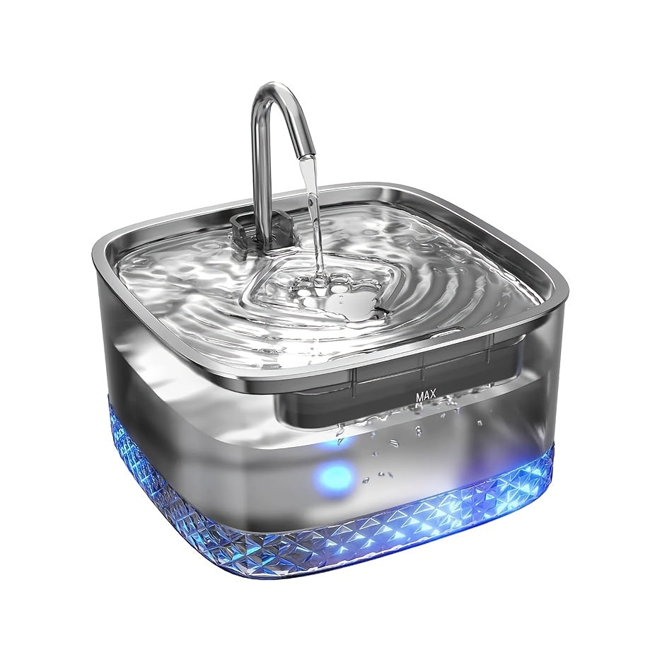 Cat Drinking Fountain 2.2L with Stainless Steel Lid and LED Light, Quiet Automatic Pet Water Dispenser for Indoor Cats and Small Dogs, Filter Bundle Options