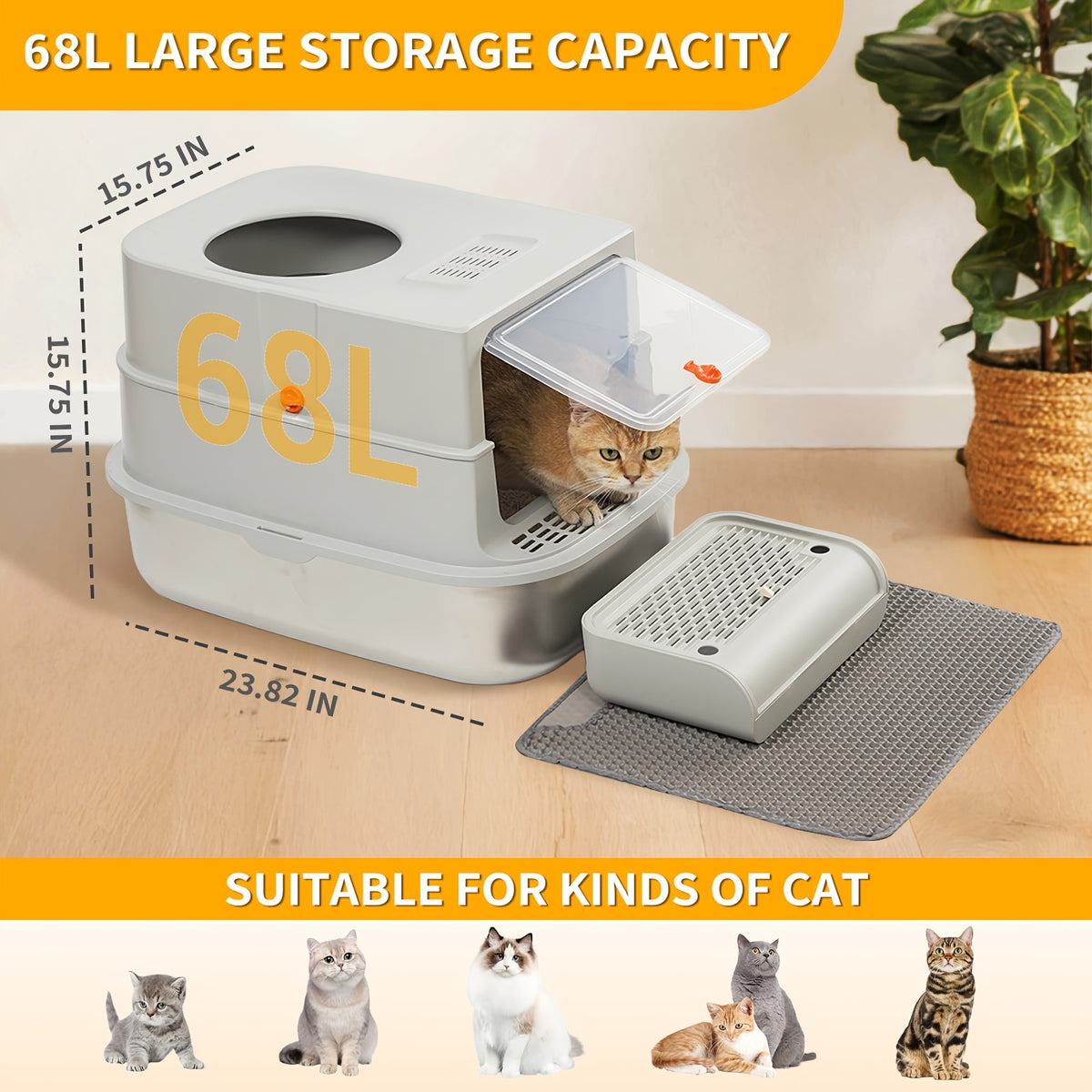 Modular Stainless Steel Cat Litter Box with Lid, Extra Large High-Sided Enclosed or Semi-Open Cat Toilet with Step, Mat and Scoop