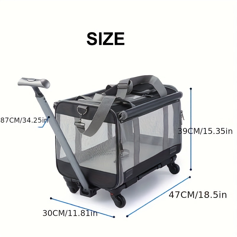 Rolling Pet Carrier Backpack with Telescoping Handle, Ventilated Oxford Cloth Travel Trolley with Zipper Closure and 360° Swivel Wheels