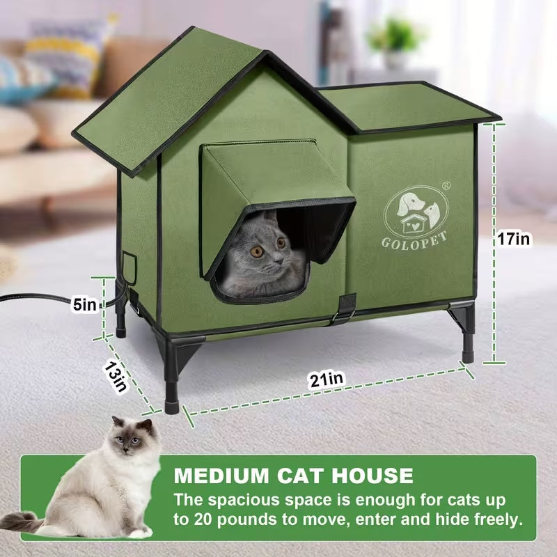 Cat House with Detachable Heating Pad, XL 21 x 17 x 17 Inch Pet Shelter and Elevated Bed for Cats and Small Dogs, Indoor and Outdoor Use
