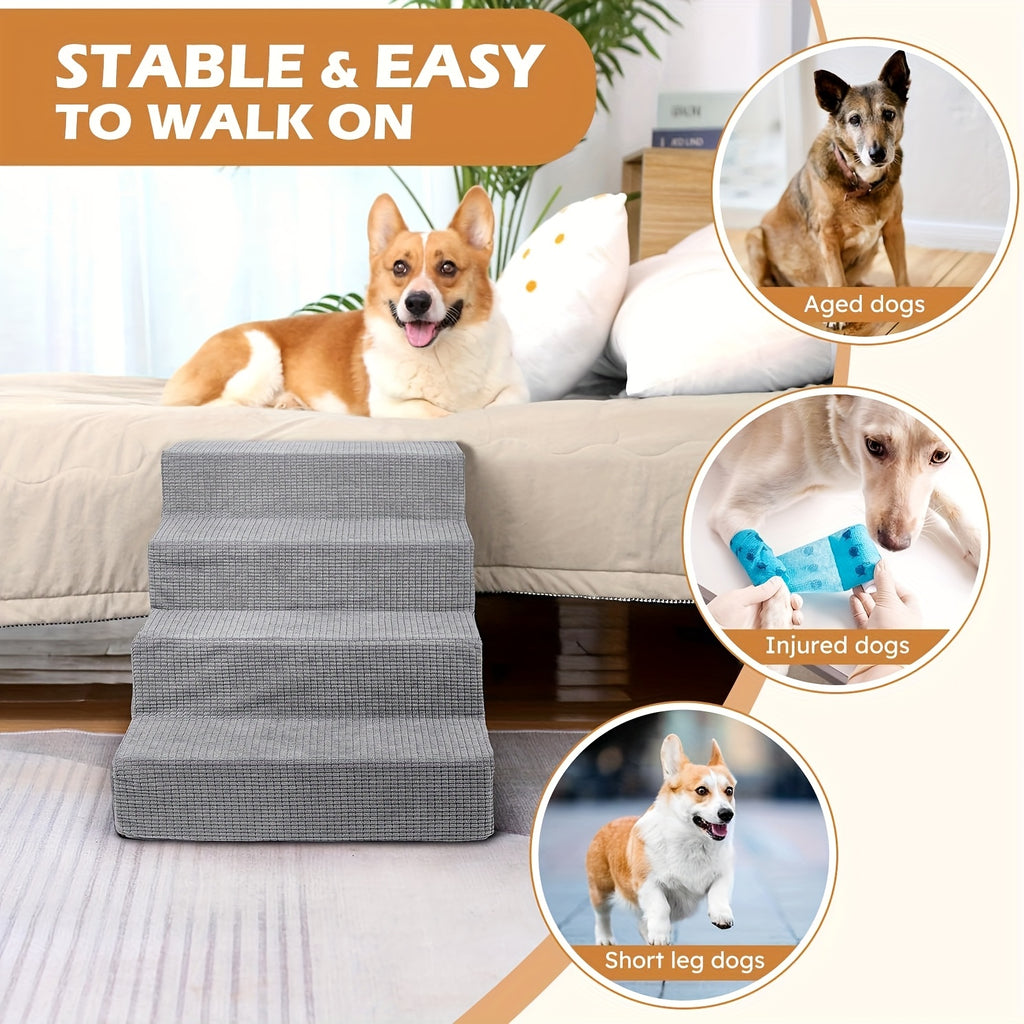 High Bed Dog Stairs for Small Dogs and Cats, Gray Non-Slip Indoor Pet Steps in 4 or 5-Step Styles for Bedside Furniture Access