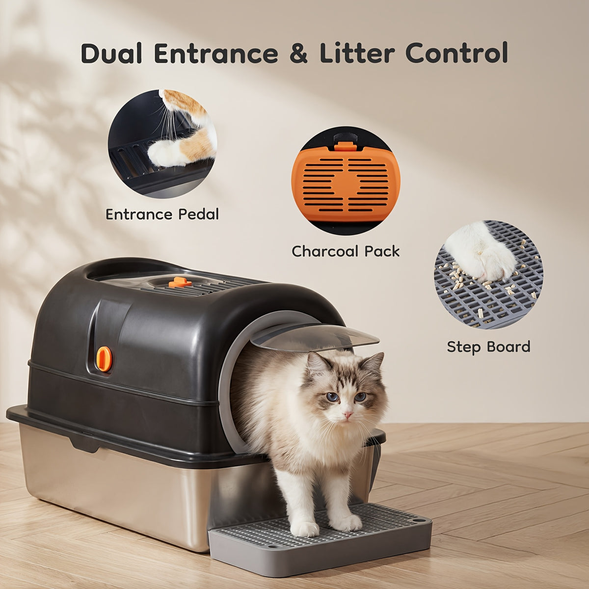 Front Entry Top Exit Stainless Steel Litter Box with Lid, Extra Large Black Enclosed Cat Toilet with Convertible Cover, Litter Scoop and Mat