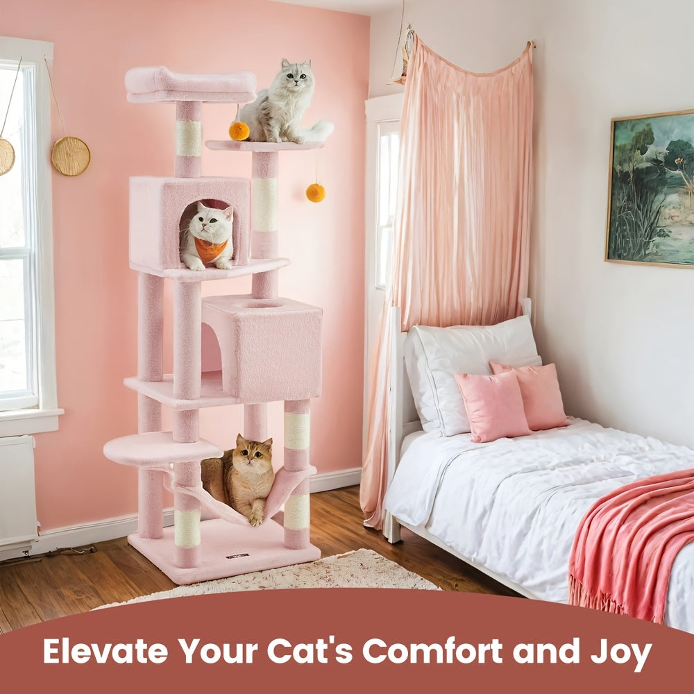 Cat Tree Tower 61 Inch with 5 Scratching Posts, 2 Perches, 2 Caves and Hammock, Plush Multi-Level Indoor Cat Furniture with Hanging Pompoms