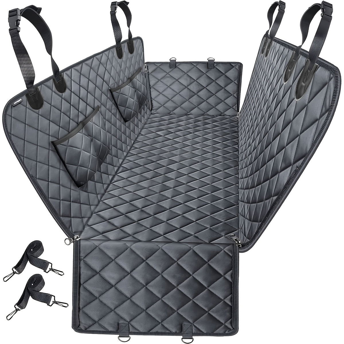 Dog Car Hammock with 4 Storage Pockets, 600D Rear Seat Cover with Side Flaps and Headrest Straps for Pet Travel in Cars, Trucks and SUVs