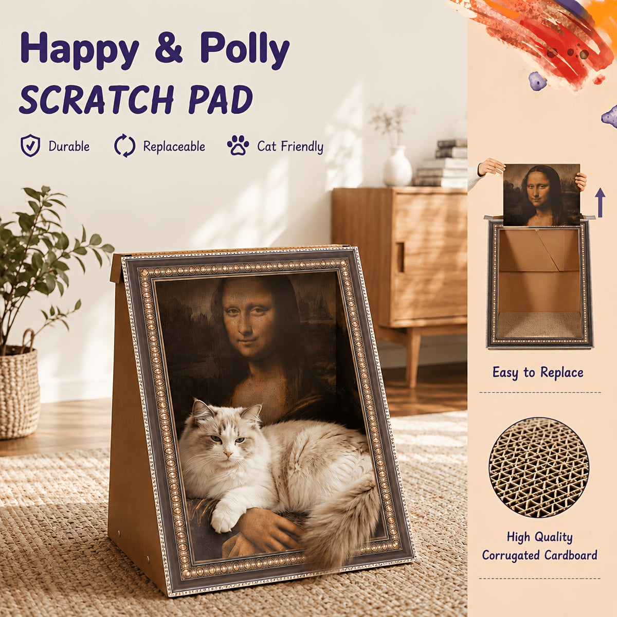 Cat Scratcher Board with Oil Painting Art, 21-Inch Corrugated Cardboard Scratching Pad for Indoor Cats, Decorative No-Assembly Claw Care