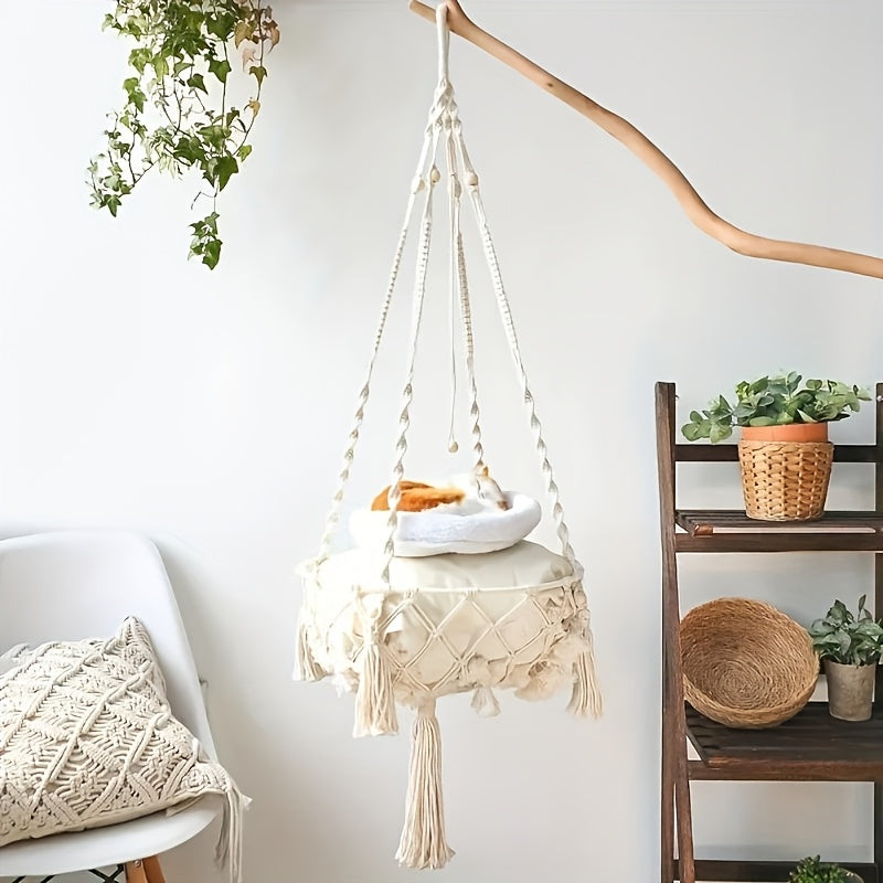 Rope Cat Hammock Hand-Woven Hanging Basket Bed for Indoor Resting, Round Pet Swing Nest in 15.75 or 11.81 Inch Diameter for Lounging