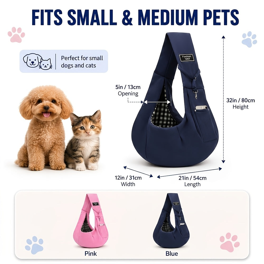 Reversible Dog Carrier Sling with Storage Pocket for 3-15 lb Small Dogs and Cats, Hands-Free Puppy Carrying Pouch in Pink or Blue for Outings
