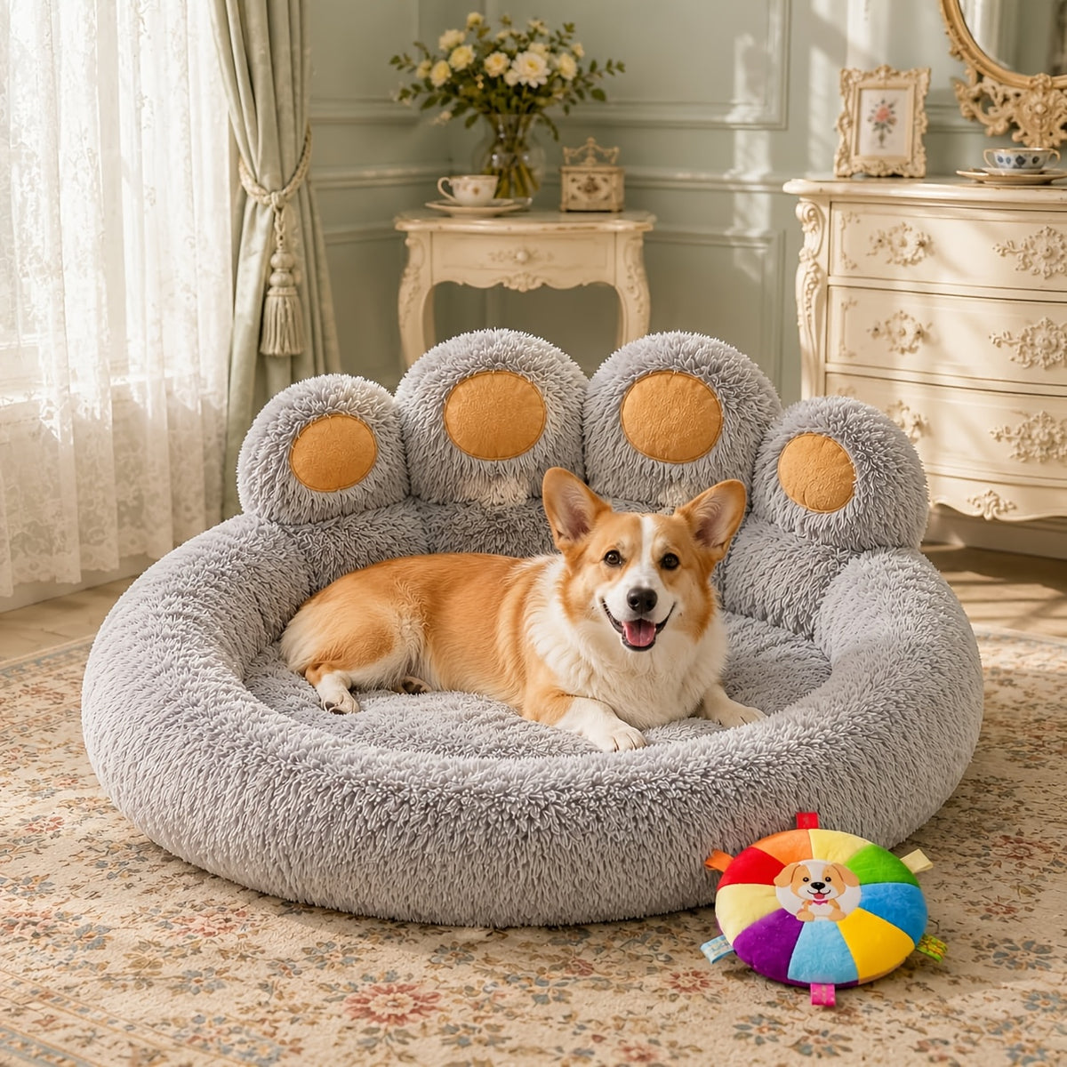 Long Plush Pet Bed with Bear Paw Shape, PP Cotton Filled Dog and Cat Sleeping Cushion with Anti-Slip Bottom, Single Bed and 2PCS Options