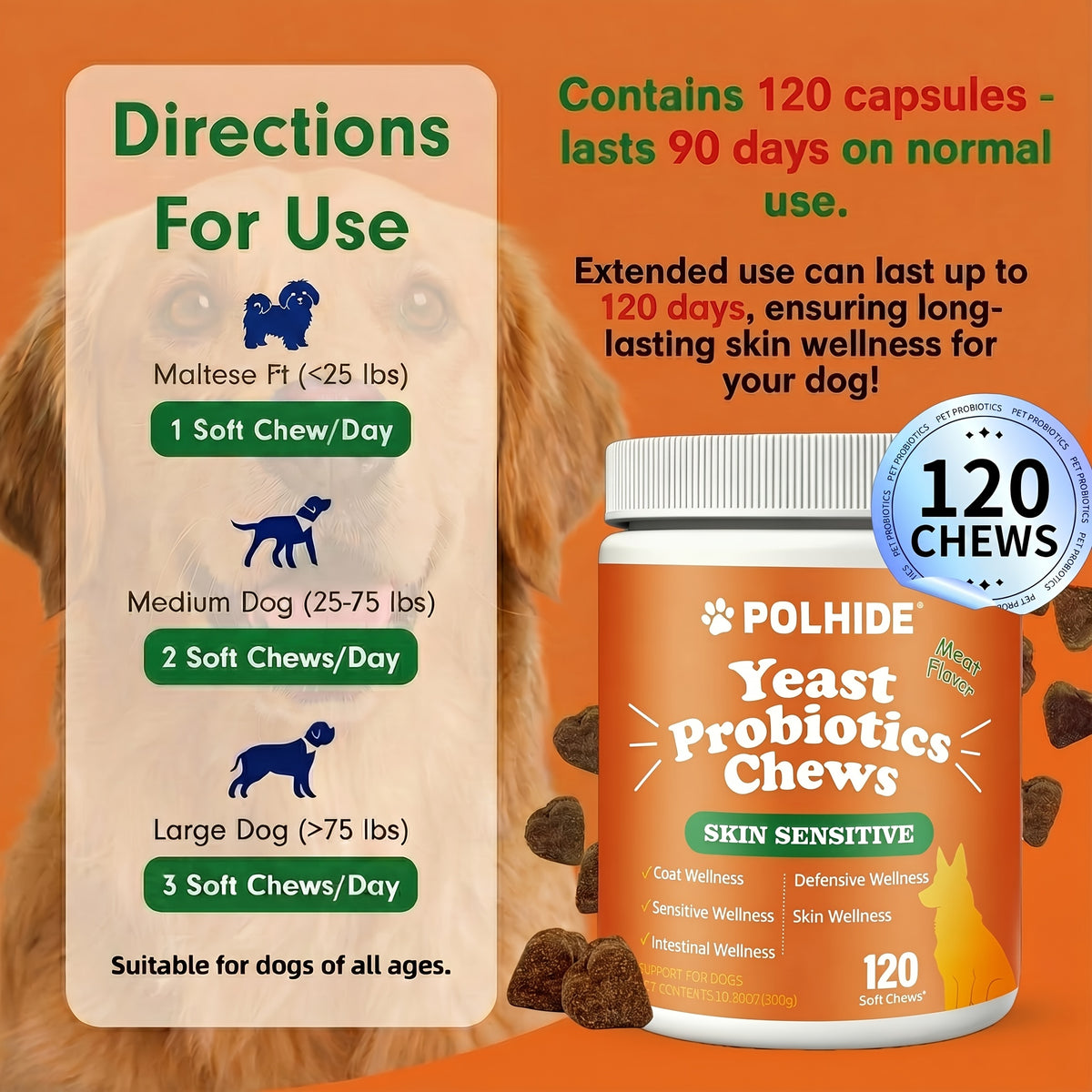 Meat Flavor Dog Probiotic Soft Chews, 120 Count Yeast Probiotic Supplement with Coat and Intestinal Care Labeling for Canine Wellness Routines