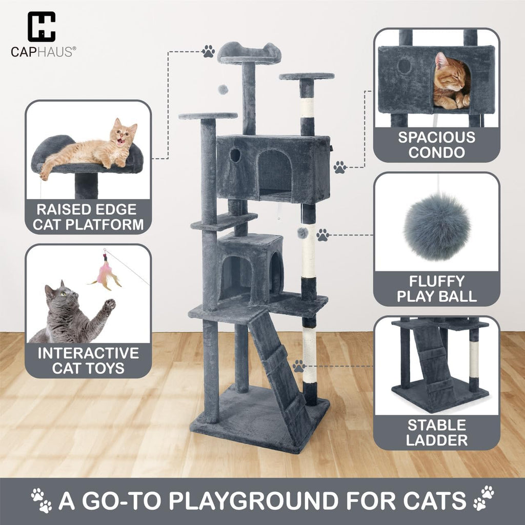 Cat Tree for Large Indoor Cats, 74 Inch Multi-Level Tower with Widened Perch, Sisal Scratching Posts, Tunnel, Basket, Condo and Wand Toy, Smoky Grey