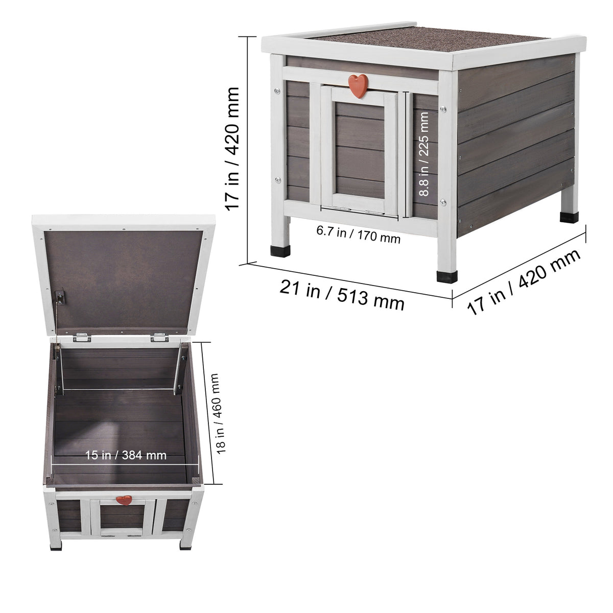 Fir Wood Outdoor Cat House with Asphalt Roof, Acrylic Window and Removable PVC Door Flaps, 20 or 24 Inch Feral Cat Shelter with Cleaning Access