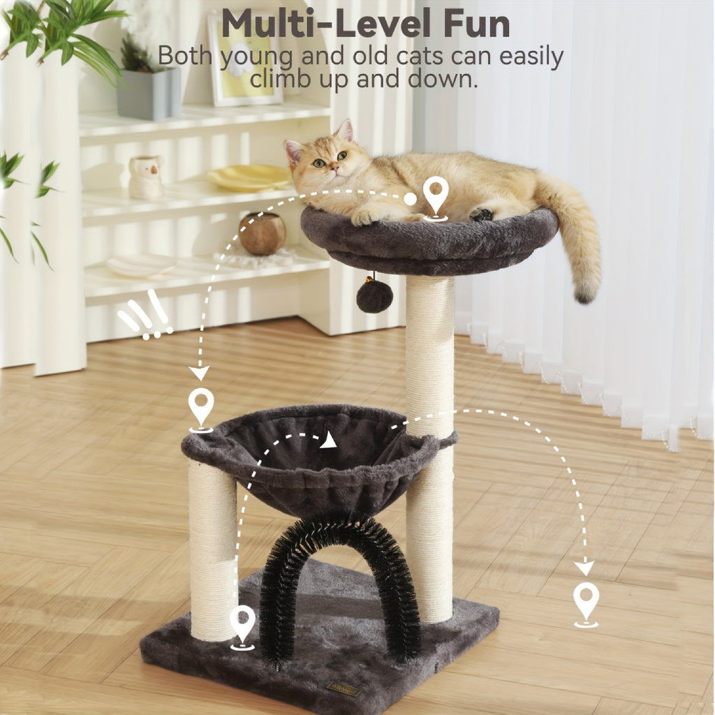Cat Tree for Kittens and Small Cats, 27.8-Inch Gray Indoor Tower with Plush Basket, Top Perch, Scratching Posts and Dangling Ball Toy