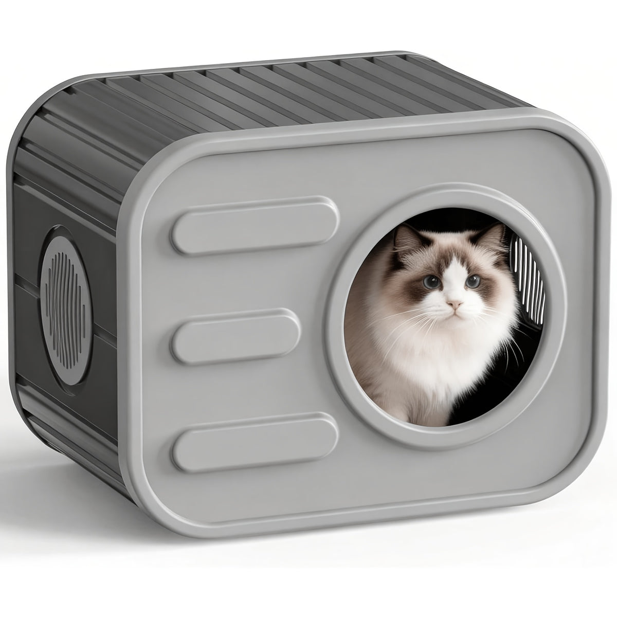 Camera-Shaped Cat House with Side Ventilation, Washable Cat Hideaway in Blue or Black for Indoor and Sheltered Outdoor Use, Optional Cushion