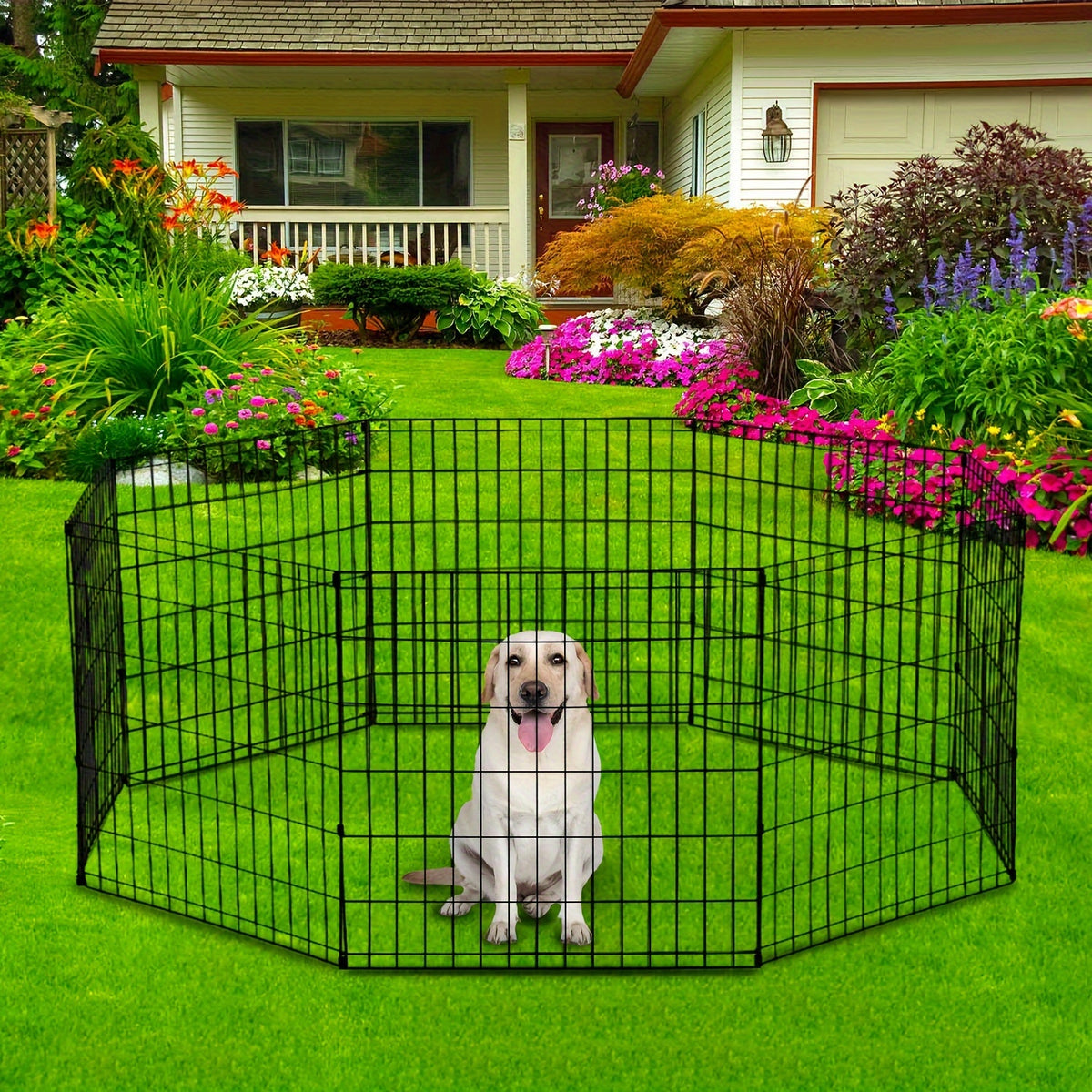 Foldable Metal Wire Dog Playpen with Tool-Free Setup, 24, 30, 36 or 42 Inch Height Options for Supervised Indoor and Outdoor Pet Exercise