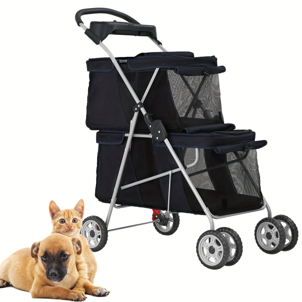 Double Decker Pet Stroller for Dogs and Cats, Foldable Four-Wheel Travel Pushchair with Cup Holder in Black or Pink for Small to Medium Pets