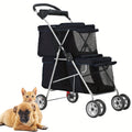 Double Decker Pet Stroller for Dogs and Cats, Foldable Four-Wheel Travel Pushchair with Cup Holder in Black or Pink for Small to Medium Pets