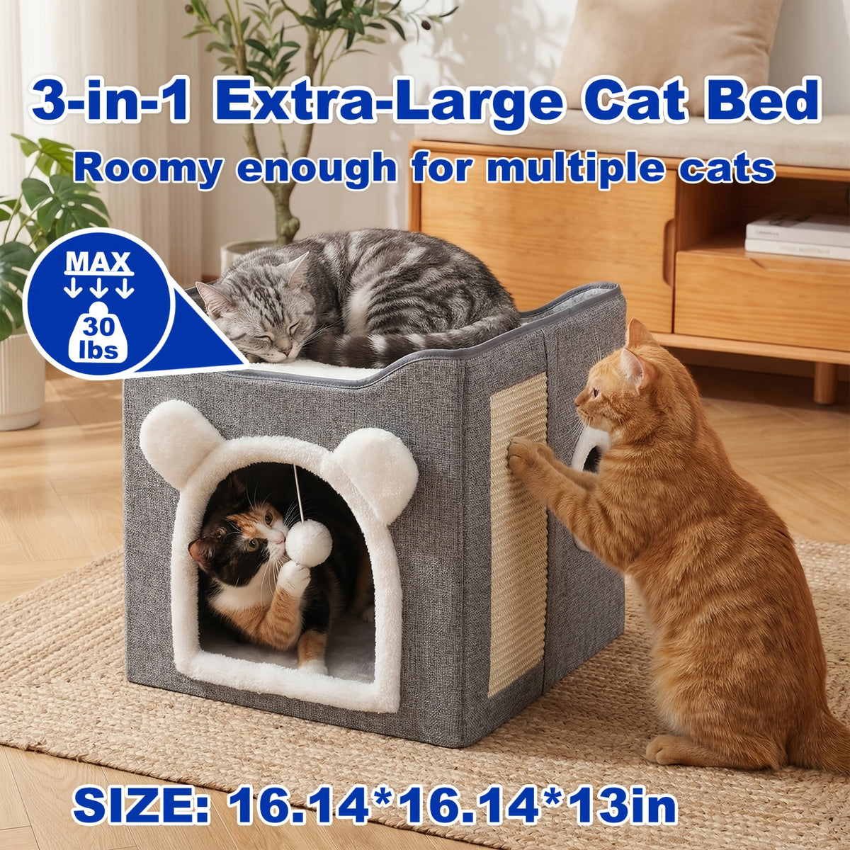 Foldable Cat House with Double-Layer Enclosed Bed and Sisal Scratching Feature, Grey Indoor Cat Hideaway with Multiple Openings for Small Spaces