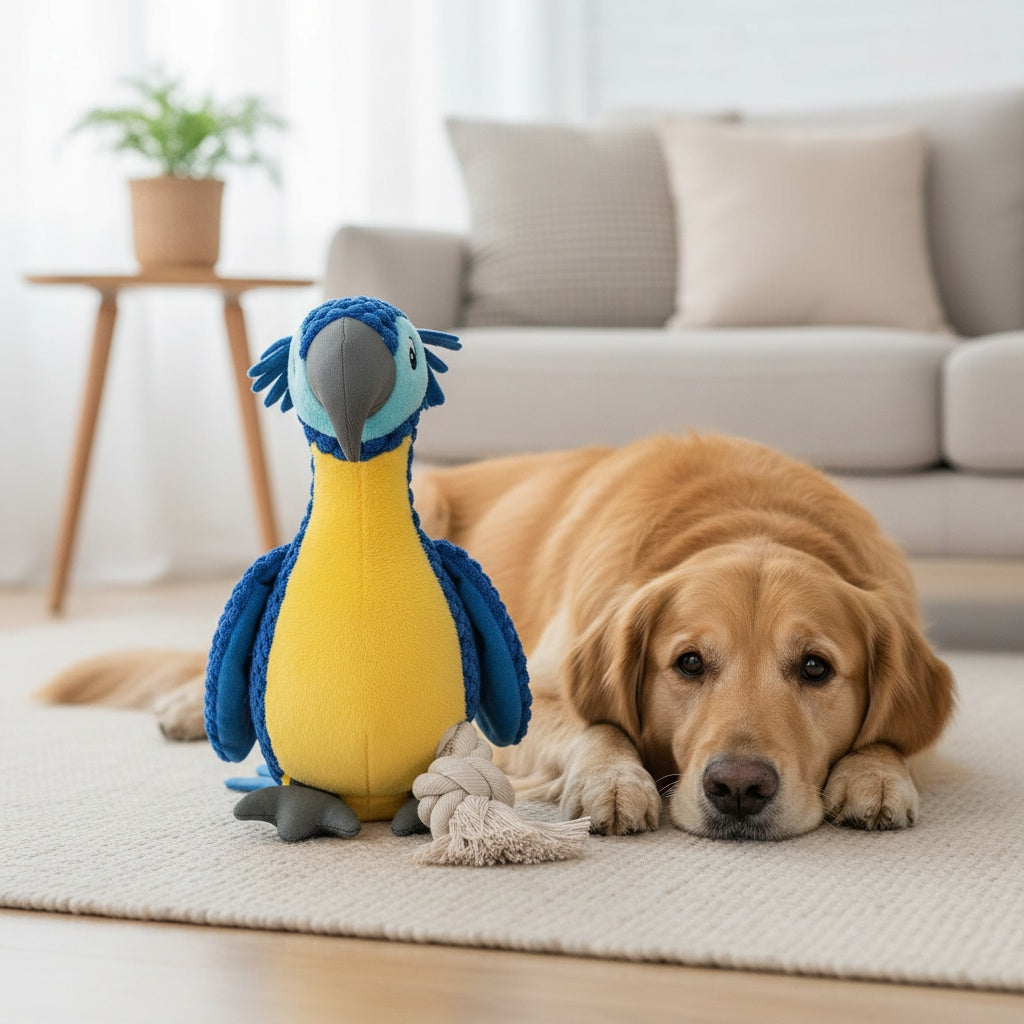 Squeaky Parrot Dog Toy with Rope, Blue Crowned Bird Plush Companion for Supervised Gentle Tug, Interactive Indoor Play and Dog Birthday Gifts