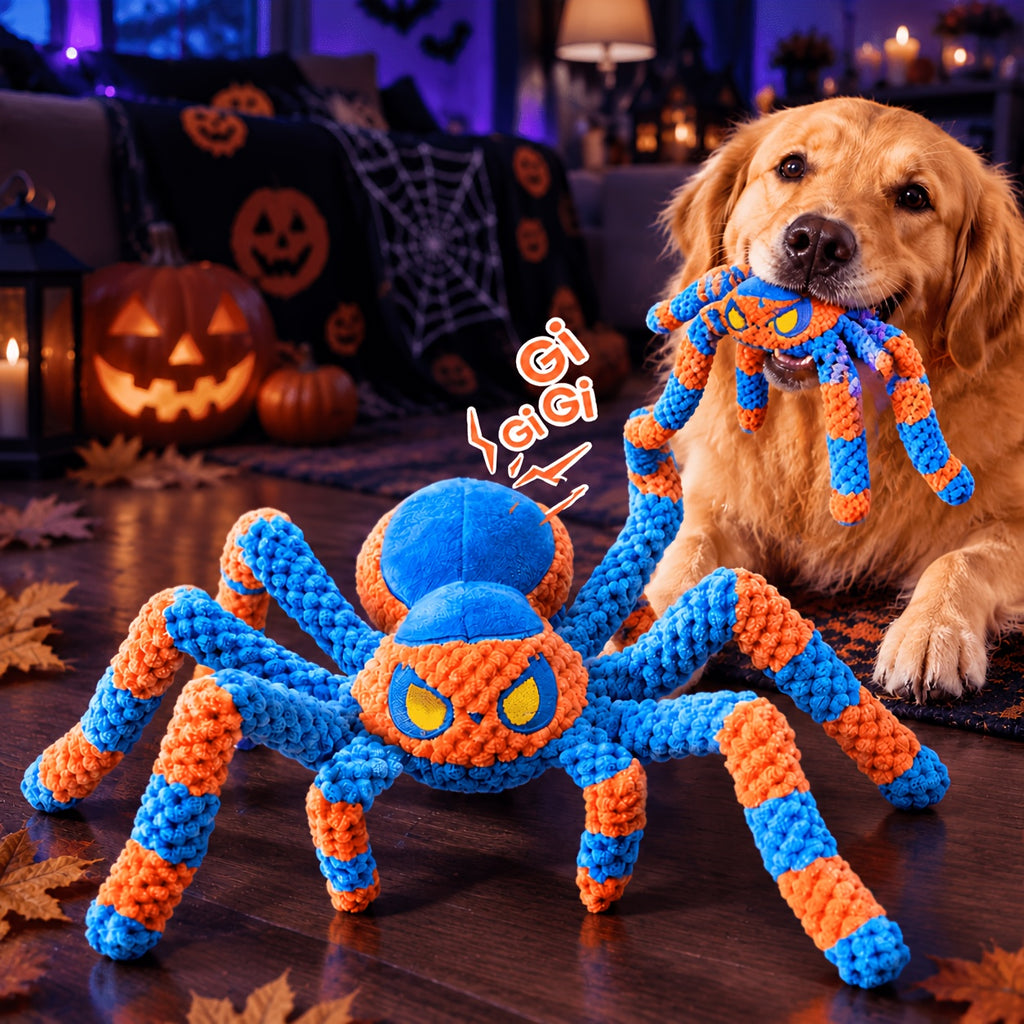 Spider Dog Toy with Squeaker and Crinkle Legs, Interactive Plush Tug of War Toy for Large Dogs, Red or Blue Halloween Pet Gift