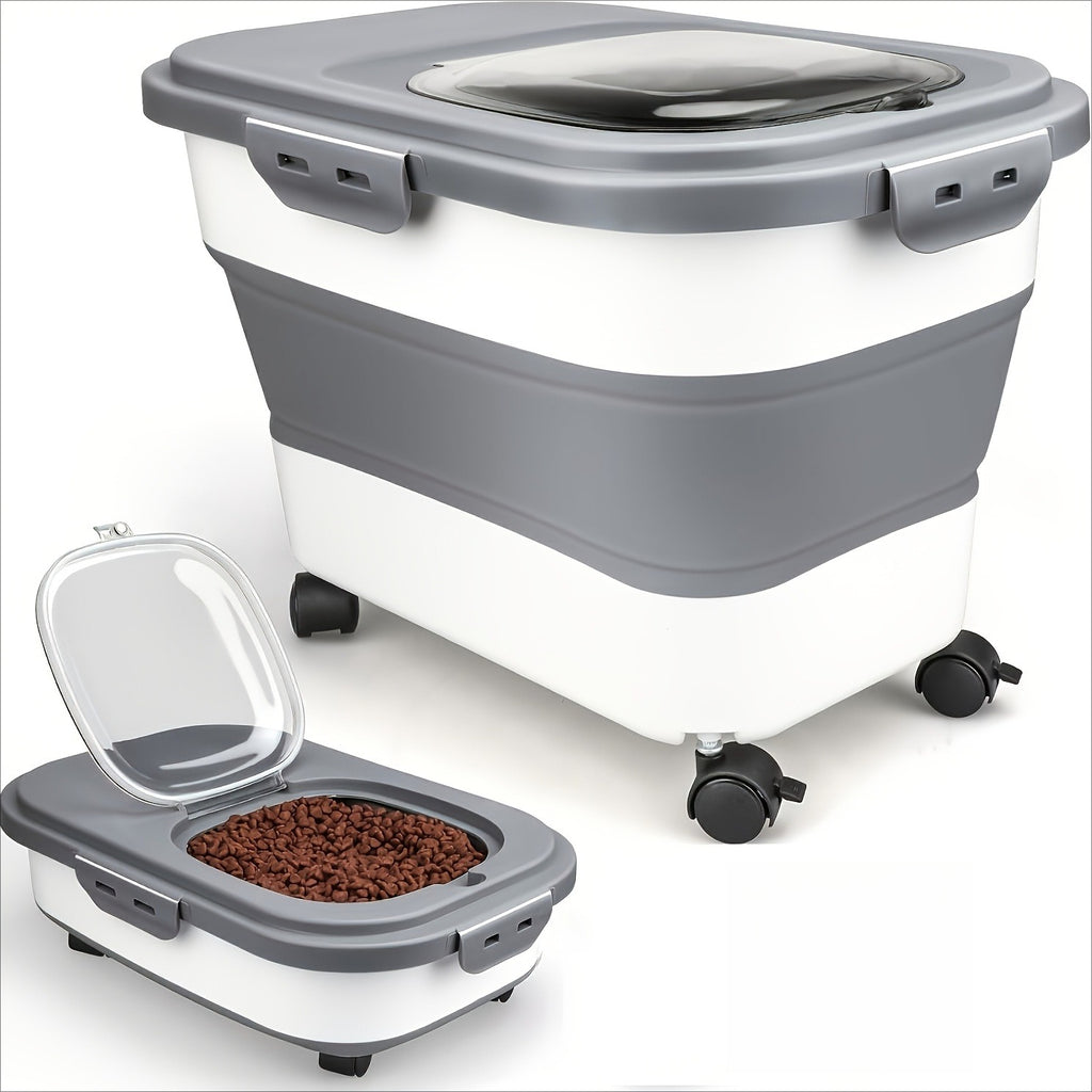 Collapsible Pet Food Storage Container with Airtight Lid and Wheels, 5-30 lb Foldable Dog and Cat Kibble Bin for Kitchen Pantry Organization