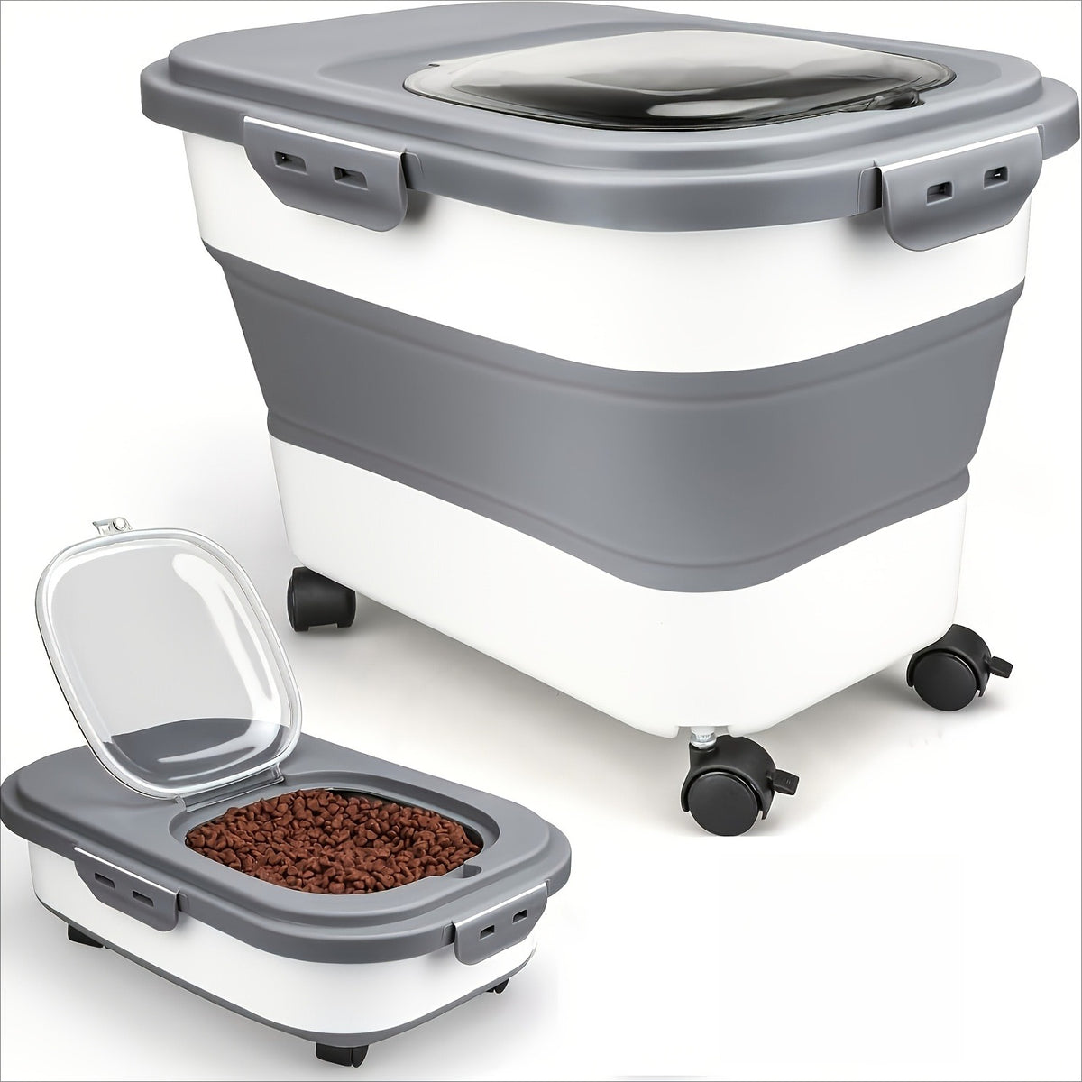 Collapsible Pet Food Storage Container with Airtight Lid and Wheels, 5-30 lb Foldable Dog and Cat Kibble Bin for Kitchen Pantry Organization