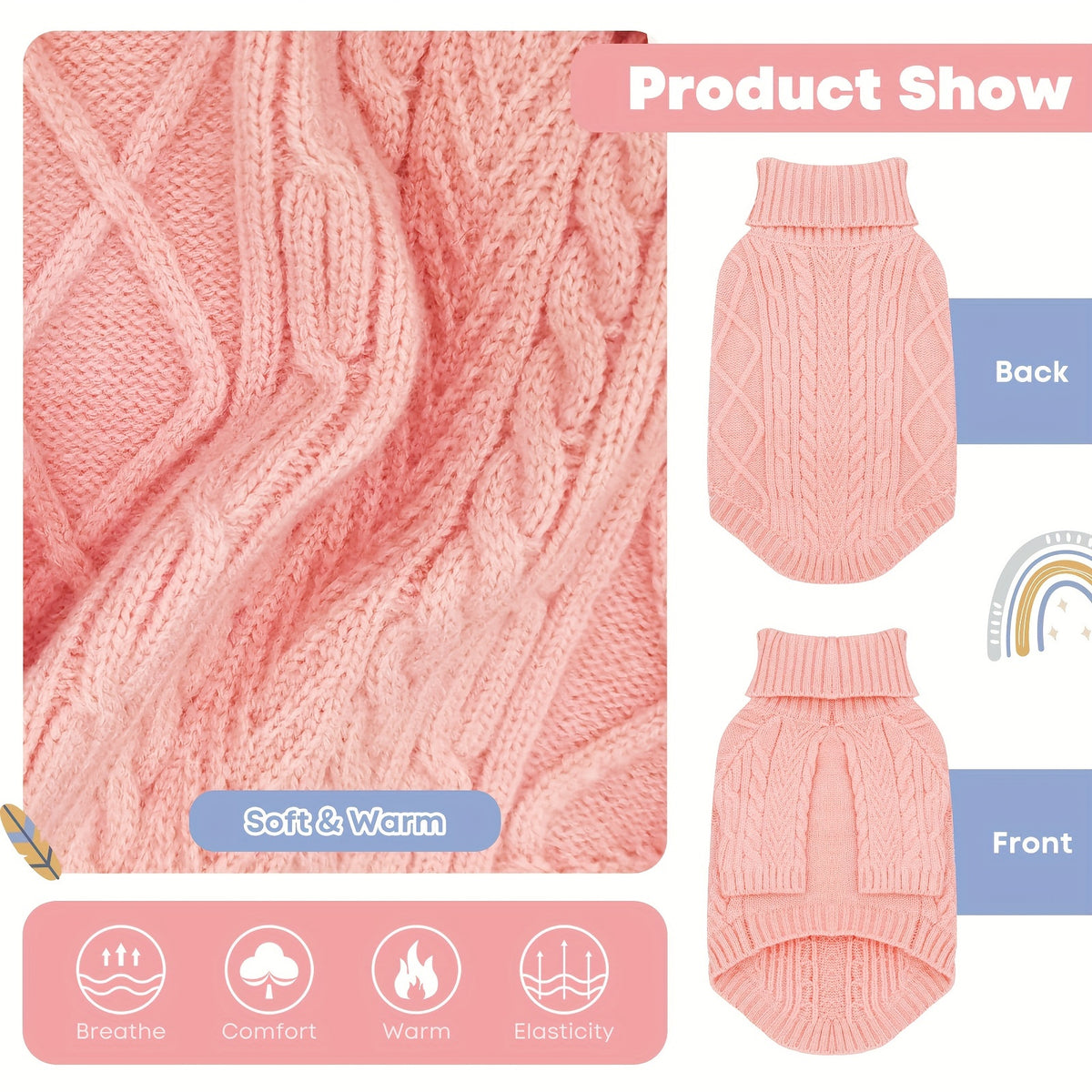 Cable Knit Dog Sweater with Turtleneck and Long Sleeves, Soft Warm Pullover for Small to Medium Dogs, Five Colors and XS-XL Sizes