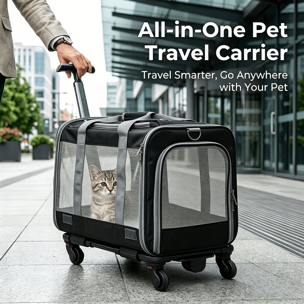 Rolling Pet Carrier Backpack with Telescoping Handle, Ventilated Oxford Cloth Travel Trolley with Zipper Closure and 360° Swivel Wheels