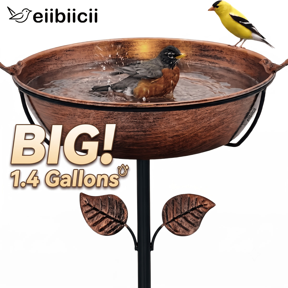 Outdoor Bird Bath with Removable Basin, 0.7 or 1.4 Gallon Garden Birdbath with Ground Stake, Decorative Bird Accents and Optional Solar Sprayer