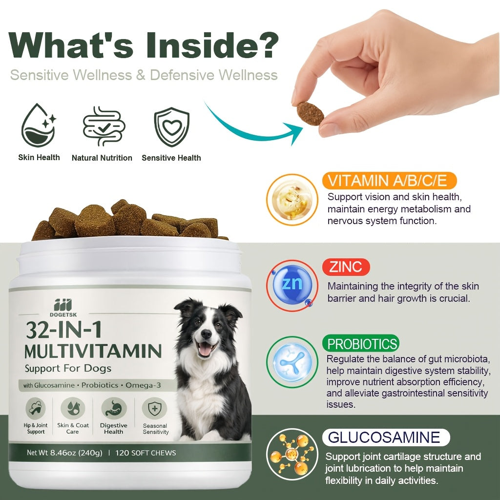 Dog Vitamin Soft Chews, 32-in-1 Daily Supplement with Probiotics and Omega-3, 120 Count for Canine Wellness and Joint Support