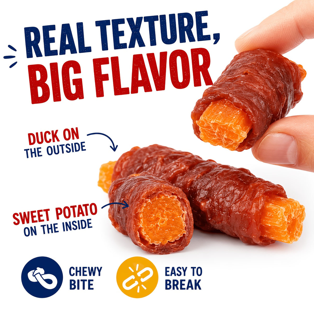 Duck Wrapped Sweet Potato Dog Treats, Chewy Snack Sticks in 220g or 450g Packs for Supervised Training Rewards and Everyday Dog Treat Time