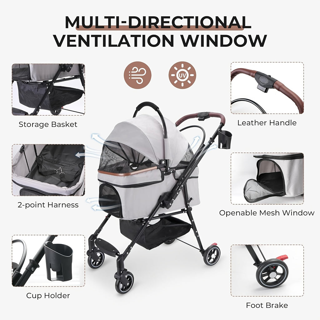 Convertible Pet Stroller with Removable Carrier, Foldable Dog and Cat Pushchair with Mesh Canopy, Storage Basket and Cup Holder in Four Colors