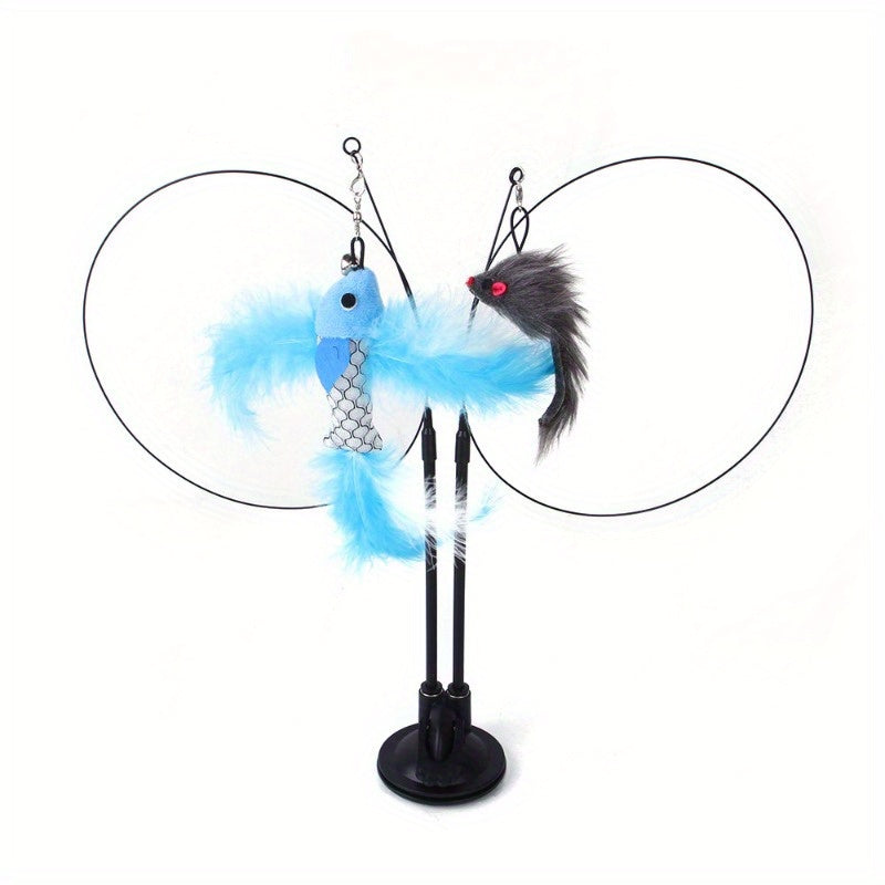 Suction Cup Cat Wand Toy with Two Flexible Teaser Rods, Lake Blue Interactive Feather-Style Cat Toy for Indoor Cats and Supervised Kitten Play
