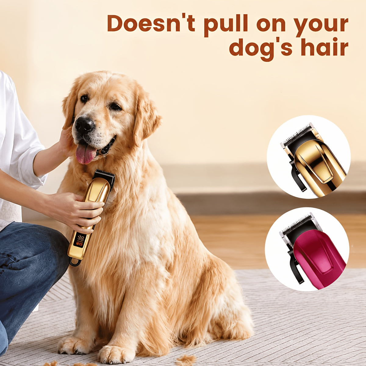 Cordless Pet Hair Clippers with 4 Guide Combs, Rechargeable Low-Noise Dog and Cat Grooming Trimmer with Ergonomic Grip in Golden or Pink