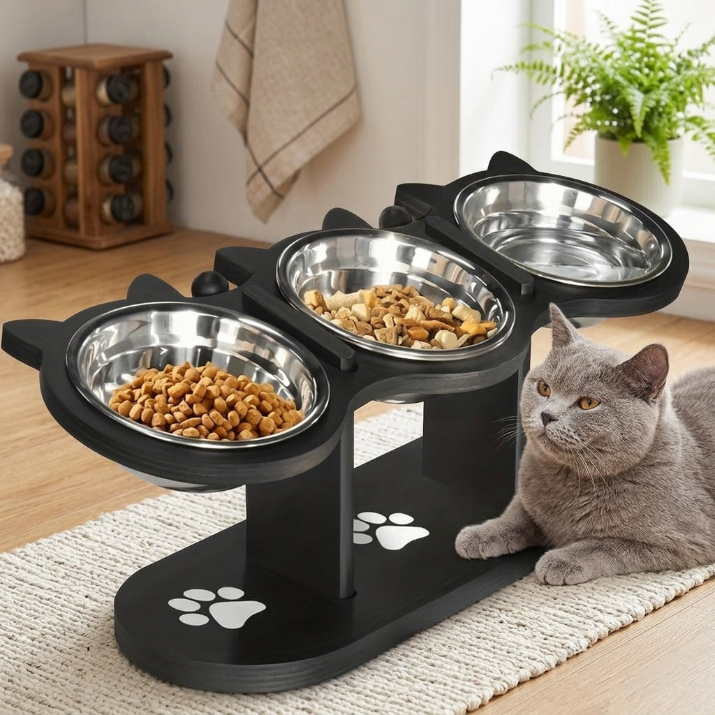 Adjustable Elevated Cat Bowls with 15 Degree Tilt, 2 or 3 Stainless Steel Food and Water Dishes on Black Stand, Standard or Widened Styles
