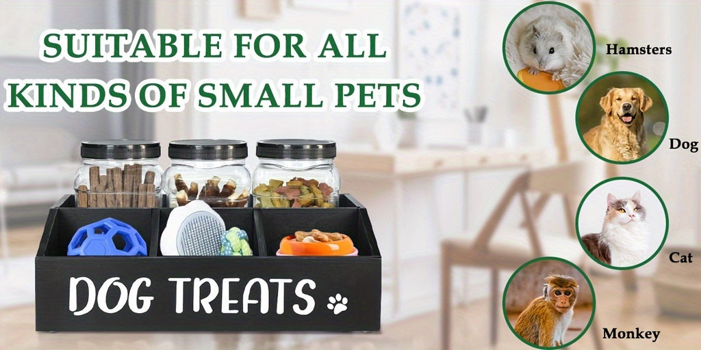 Dog Treat Storage Organizer with 3 Clear Jars and Scoop, Solid Wood Farmhouse Pet Snack Station with Compartments for Cat and Dog Supplies