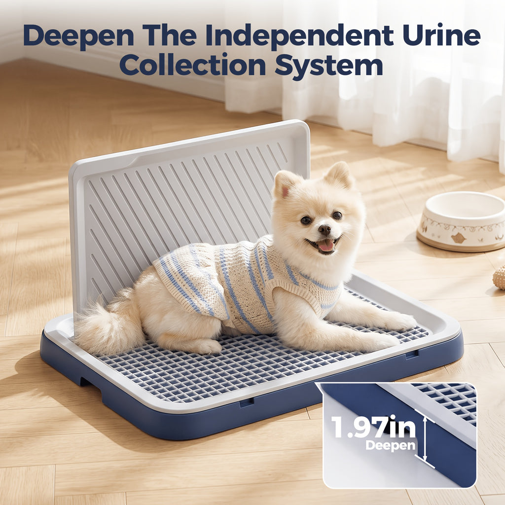 Dog Potty Tray with Splash Guard and Removable Grating, Indoor Puppy Training Toilet with Non-Slip Base in Blue-Gray or White and Gray