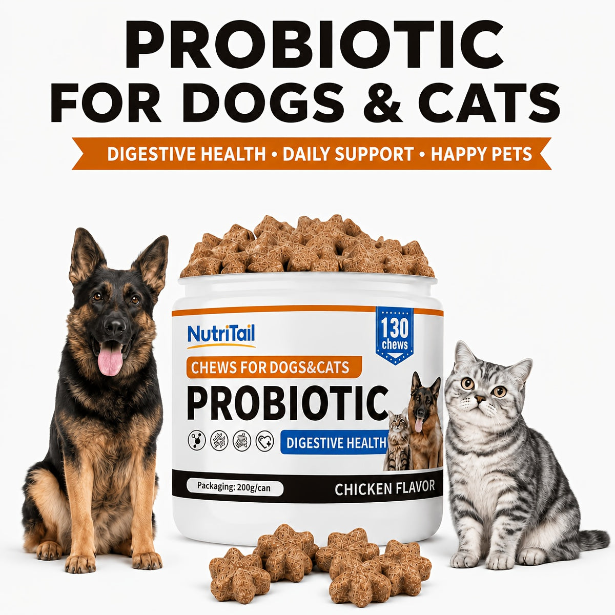 Pet Skin Care Chews for Dogs and Cats, NutriTail 200g Skin Chews with 130-Count Labeling, Probiotic and Quiet Moment Options for Daily Care
