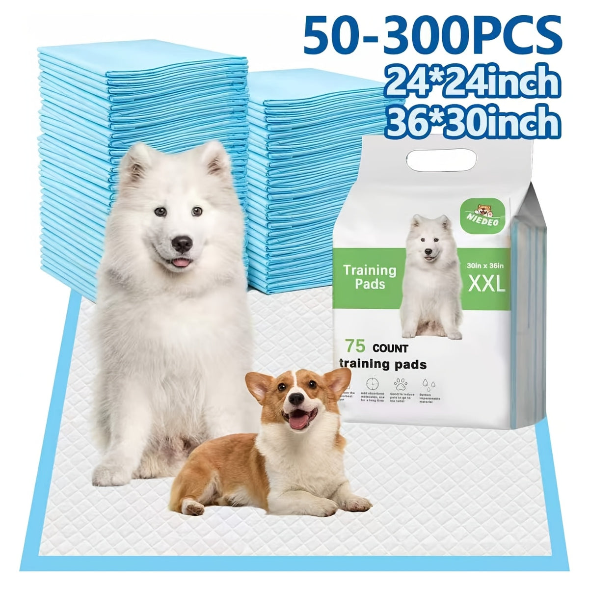Pet Training Pads 36 x 30 or 24 x 24 Inches, Thick Disposable Absorbent Puppy Pee Pads with Leak Protection and Odor Control, 50 to 300 Count Options