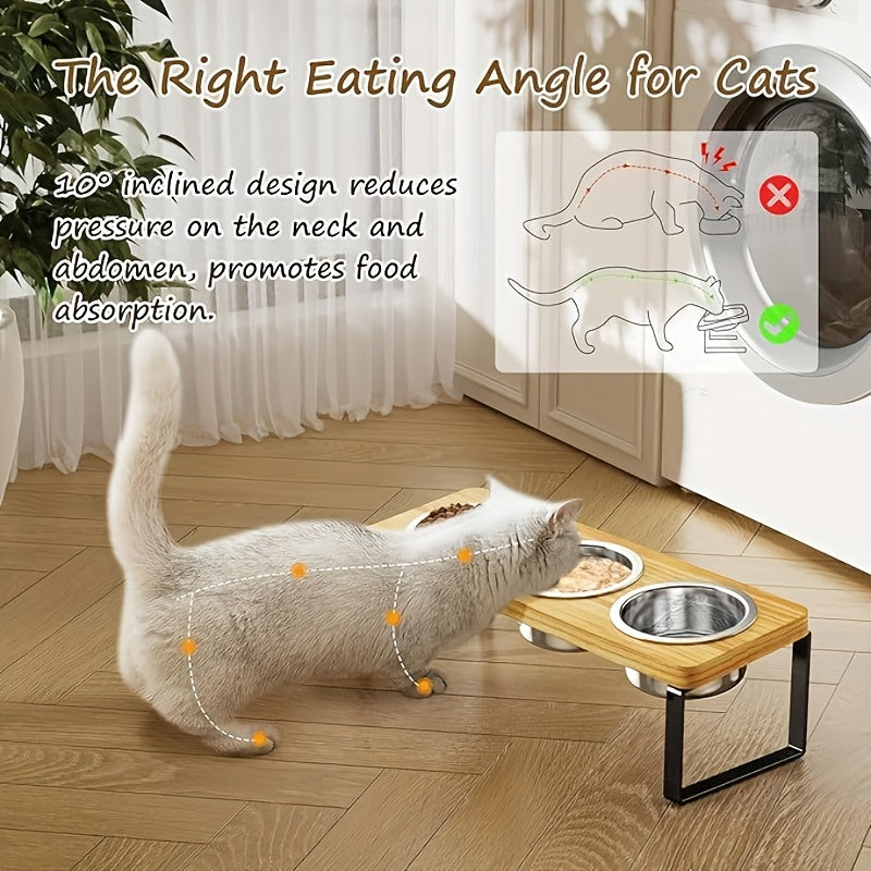 Cat Feeding Station with 3 Stainless Steel Bowls, 15° Tilted Elevated Wooden Rack for Indoor Cat Food and Water, Easy-Clean Dining Set