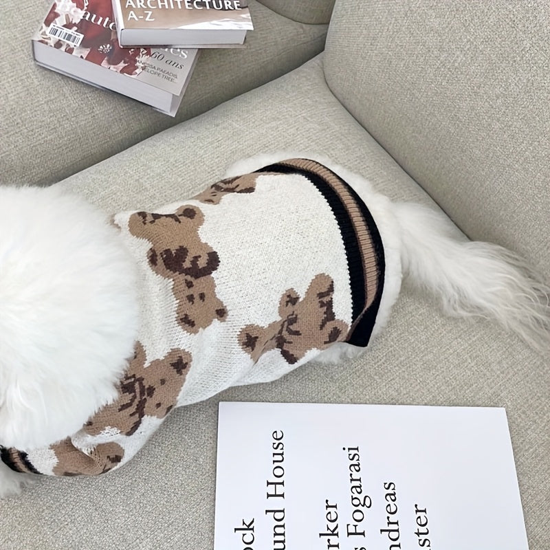 Bear Print Dog Cardigan Sweater with Button Closure, Beige Knit Pet Outfit with Contrast Ribbed Trim and Short Sleeves in M, L and XL Sizes
