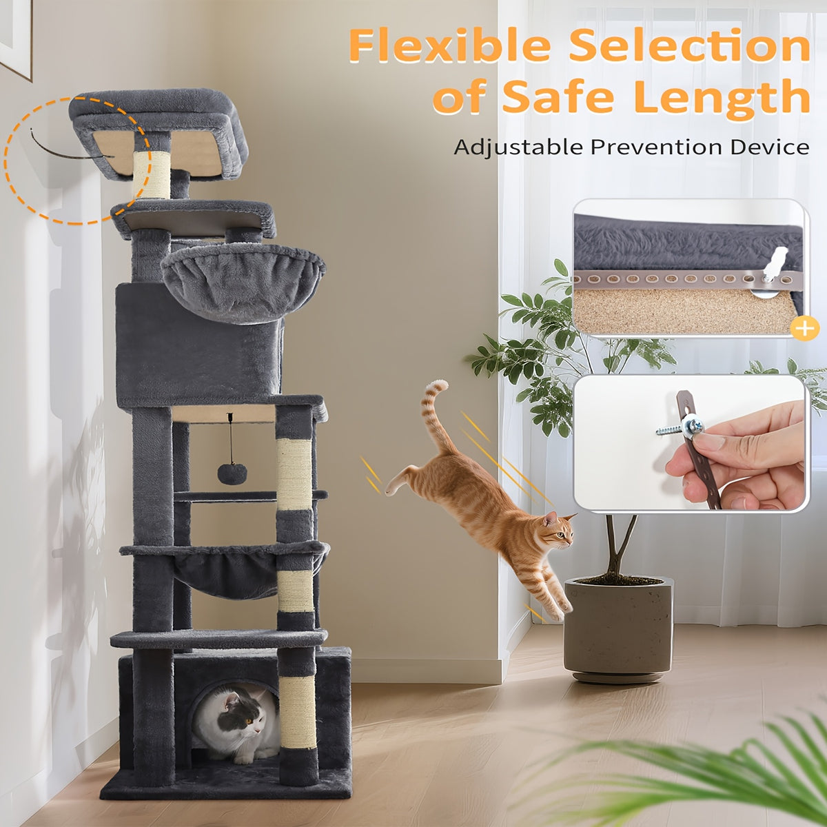 Cat Tree 68 Inch with Square Hammock and Two Condos, Multi-Level Indoor Cat Tower with Wide Perches and Sisal Scratching Posts in Grey or Light Grey