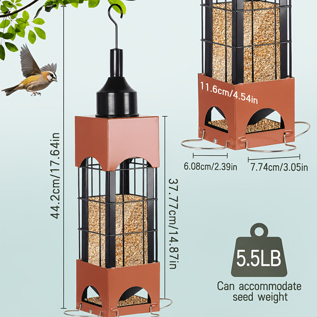 Weight-Activated Bird Feeder for Outdoors, Metal Hanging Wild Bird Feeder with Listed 5 lb Capacity and Dual-Sided Squirrel-Deterrent Design