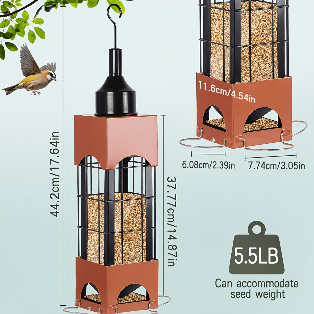 Weight-Activated Bird Feeder for Outdoors, Metal Hanging Wild Bird Feeder with Listed 5 lb Capacity and Dual-Sided Squirrel-Deterrent Design