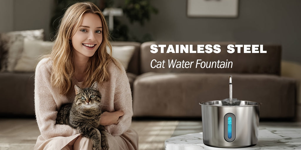 Cat Water Fountain with 3-Stage Filtration, 2.2L 304 Stainless Steel Pet Drinking Dispenser with Quiet USB Pump and Visible Water Level Window