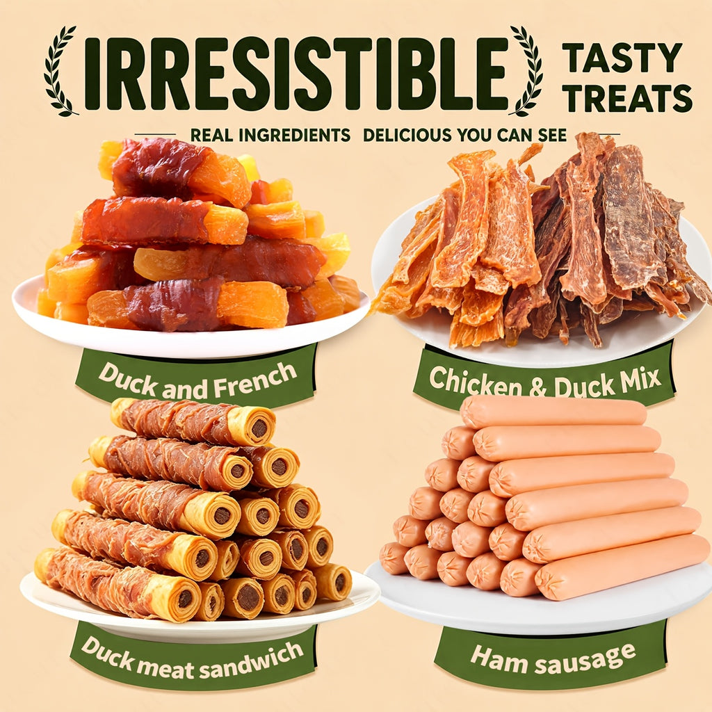 Dog Treat Variety Packs with Chicken and Duck Jerky Combo, Assorted Jerky and Sausage or Hot Dog Snack Options for Supervised Training Rewards