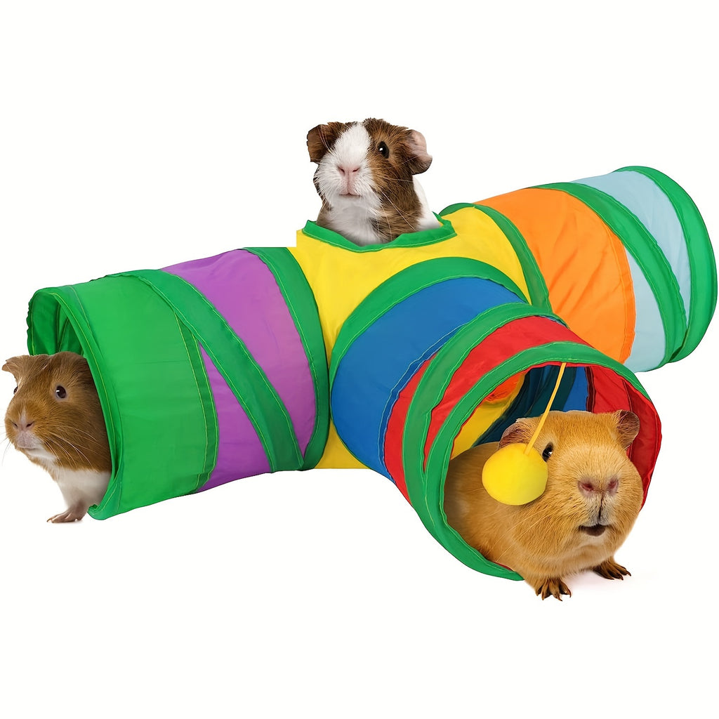 Guinea Pig Tunnel with Hanging Ball, 3-Way Collapsible Rainbow Small Pet Play Tube with Peek Hole for Hamsters, Gerbils and Supervised Indoor Exploration